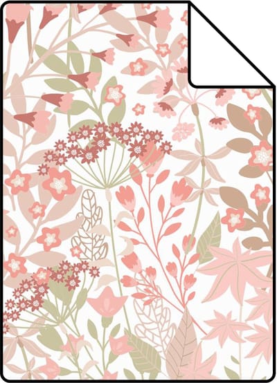 Proefstaal ESTAhome behang veldbloemen vergrijsd groen en roze - 26.5 x 21 cm - 131348-S