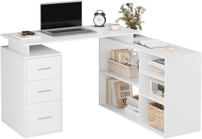Hoekbureau Met Opbergruimte - L-bureau Werkplek - Thuiswerken Organiseren - Geïntegreerde Lades Planken - 129 x 104 cm - Wit