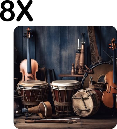 Luxe Placemat - Vintage Instrumenten - Muziek - Set van 8 Placemats - 50x50 cm - 2 mm dik Vinyl - Anti Slip - Afneembaar