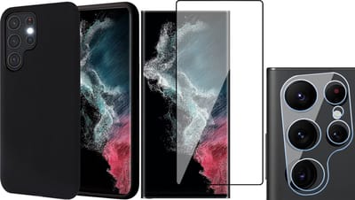 Hoesje geschikt voor Samsung Galaxy S22 Ultra - Matte Back Cover Microvezel Siliconen Case Hoes Zwart - PET Glasfolie Screenprotector - Camera Lens Tempered Glass Protector