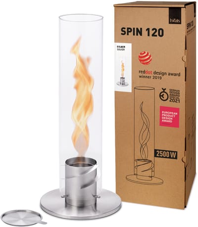 höfats SPIN classic Tafelvuur Gel 1200 zilver Gel-tafelhaard voor binnen en buiten, gel-bio-ethanolhaard van roestvrij staal, verwarmende vuurkolom met vlammenwerveling