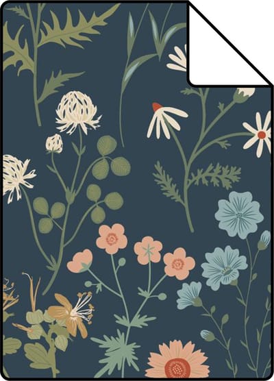 Proefstaal ESTAhome behang veldbloemen donkerblauw, groen en roze - 26.5 x 21 cm - 139698-S