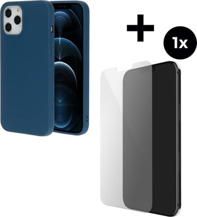Mobiparts Silicone Cover hoesje geschikt voor Apple iPhone 12 met 1 Screenprotector van Gehard Glas - Blauw