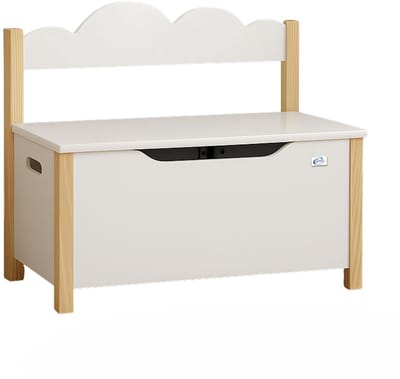 Coemo Speelgoedkist met Bankje, Houten Kist Wit TRUDI 60×26×55 cm – Kinderkamerbankje met Opbergruimte, Speelgoedkist met Veiligheidsscharnier, Kindvriendelijke Zithoogte, Decoratief Wolkendesign