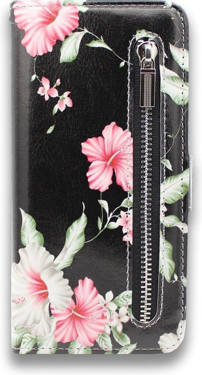 HB Hoesje Geschikt voor Apple iPhone X & XS - Portemonnee met Print en Rits Vakje - Hoes met Pasjeshouder, Magneetlipje en Standaardfunctie - Hibiscus Bloemen