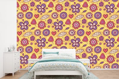 Behang - Fotobehang Patroon - Bloemen - Paars - Oranje - Breedte 360 cm x hoogte 240 cm