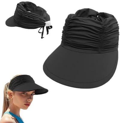 KZQ Dameszonnehoed - Brede rand, verstelbaar, opvouwbaar, met steun voor een paardenstaart - Geschikt voor strand, golf en sport - Hoofdomtrek 52-62 cm - Zwart