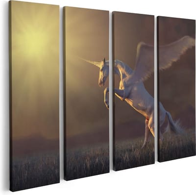 Artaza Canvas Schilderij Vierluik Eenhoorn met Vleugels in het Gras - 80x60 cm - Wanddecoratie Woonkamer - Schilderijen - Muurdecoratie