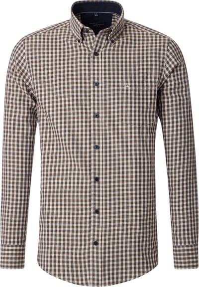 CASA MODA Sport casual fit overhemd - twill - beige met blauw geruit - Strijkvriendelijk - Boordmaat: 39 - 40