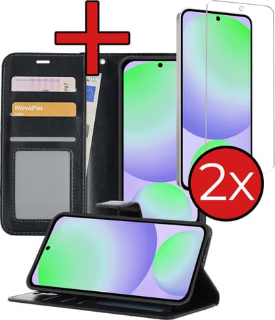 Hoesje - Met 2x Screenprotector - Geschikt voor Samsung Galaxy S24 FE - Luxe Pasjeshouder - Flip Case - Bookcase Portemonee - Kunstleer Book Case - Flipcase Hoes - Book Cover - Walletcase - Portemonneehoes - Telefoonhoes - Zwart
