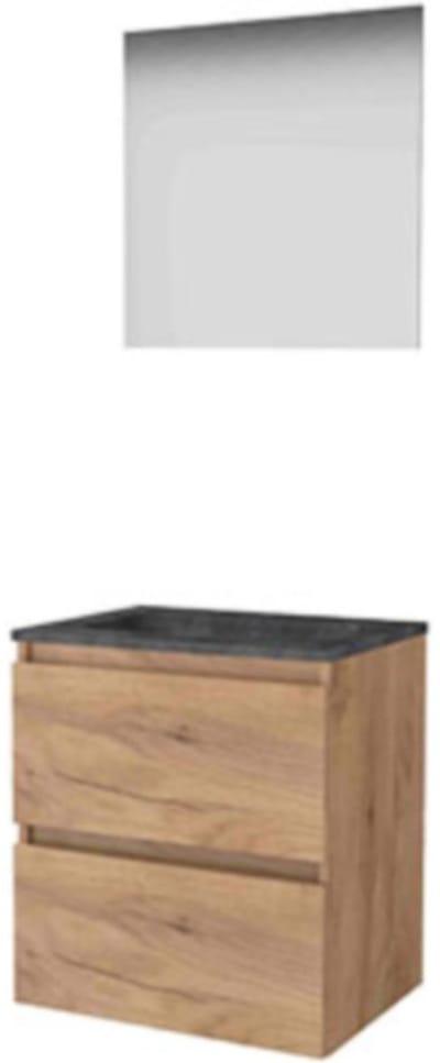 Basic-Line Ultimate 46 Badkamermeubelset - 60 x 46 cm - Greeploos - 2 Lades - Hardstenen Wastafel - Zonder Kraangat - Spiegel met Indirecte LED Verlichting - Whisky Oak