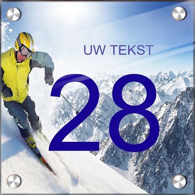 Huisnummer naambord plexiglas 15x15x0,5cm Wintersport Ski design - met naam bedrukken Huisnummerbordjes, Naambordje voordeur, naamplaatje voordeur, huisnummer bord, huisnummer borden