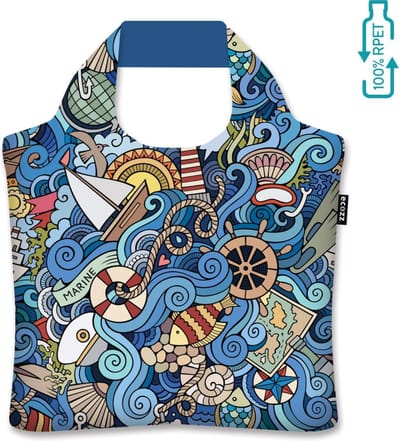 Ecozz - Elga Kotenko - Maritime - 100% gerecycled (rPet) – Öko-Tex - Voorzien van rits - Afsluitbaar - Opvouwbare boodschappentas - Waterresistant – Shopper - Ecovriendelijk – Duurzaam - Ecoshopper