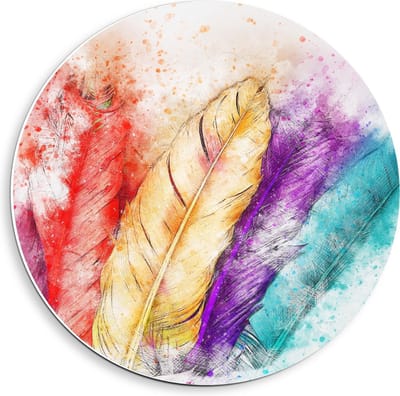 Forex Wandcirkel - Schildering van Gekleurde Veren op Witte Achtergrond  - 40x40cm Foto op Wandcirkel (met ophangsysteem)