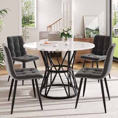 BLACKCOLORS Eettafelset (5-delig), eettafelset met 4 stoelen, moderne eettafelset voor de keuken, ronde keukentafel met een diameter van 100 cm, zwarte metalen poten, marmeren MDF-blad, eetkamerstoelen van grijs fluweel