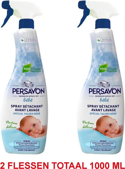Persavon - Baby Vlekkenverwijderaar Spray Voor Het Wassen, Fijne Geur, Hypoallergeen, Gevoelige Huid, Zonder Kleurstof | 1 = 500ml | (2 stuks in de verpakking)