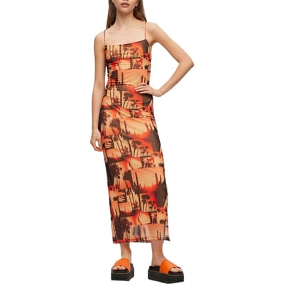 Hugo Dames/Dames Spaghetti Maxi Jurk van Mesh (Oranje/zwart)