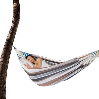 Achtertuin Hangmat - Dubbele Boomhangmat - Buiten Ontspannen - Duurzaam Polyester Katoen - 260 x 150 cm - Gestreepte Koffie