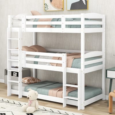 MODENUIT Drievoudig stapelbed 90x200cm – Zonder matras – Omvormbaar tot stapelbed en los bed – Grenenhout – Wit