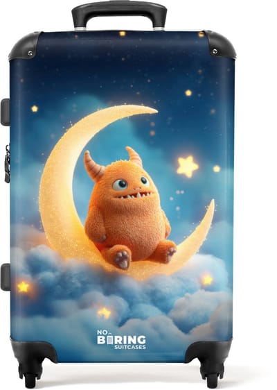 NoBoringSuitcases.com - Grote koffer - Geel monster op de maan - Kinderkoffer geschikt voor jongen en meisjes - Reiskoffer met 4 wielen - Trolley op wieltjes - Rolkoffer groot kinderen - 72 liter - Ruimbagage valies 20kg