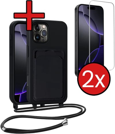 Hoesje Geschikt voor iPhone 16 Pro Hoesje Met Telefoonkoord en Pasjeshouder Met 2x Screenprotector Siliconen - Hoes Geschikt voor iPhone 16 Pro Hoesje Met Kaarthouder Case - Zwart