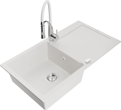 Mexen Leo granieten gootsteen 1-kompartment met afdruiprek en keukenmengkraan Aster, wit - 6501-20-73450-02