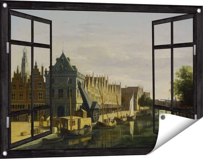 Gards Tuinposter Doorkijk De Waag en de Kraan aan het Spaarne te Haarlem - Gerrit Adriaensz Berckheyde - 90x60 cm - Tuindoek - Tuindecoratie - Wanddecoratie buiten - Tuinschilderij