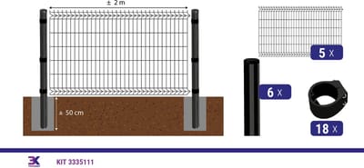 KIT 31 draadpaneel + palen en klemmen, lengte 10m, hoogte 123cm, kleur zwart RAL 9005