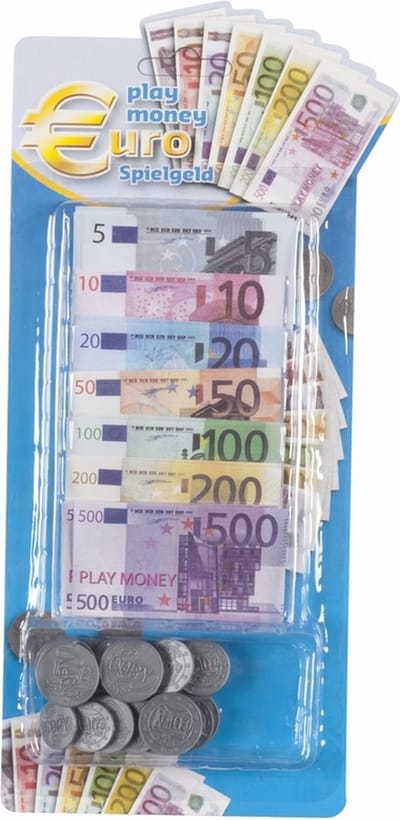 Set van 2x stuks speelgoed kassa euro speelgeld - 60 delig - Speelgoed munten en biljetten - winkeltje