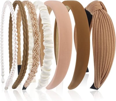 Set van 7 Dames Haarbanden met Parels en Diverse Modellen, Plastic Haaraccessoires voor Vrouwen en Meisjes (Bruin)