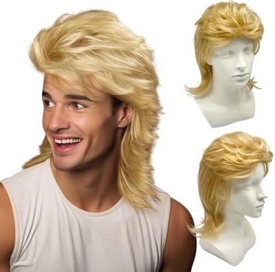 Blonde Mullet Peruk voor Mannen, 80s Rocker Stijl, Hippie Kostuum, Lang Krullend Haar voor Carnaval en Halloween