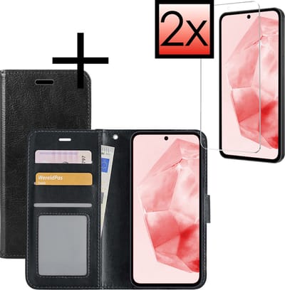 Hoesje - Met 2x Screenprotector - Geschikt voor Samsung Galaxy A35 - Luxe Pasjeshouder - Bookcase Portemonee - Flip Case - Kunstleer Book Case - Flipcase Hoes - Book Cover - Walletcase - Portemonneehoes - Zwart