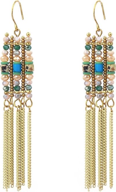 Sweet7 oorbellen oorhangers goudkleurig met blauwe kristal kraaltjes en metalen kwastjes