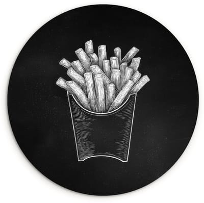 WallCircle® Wandcirkel 120x120 cm - Muurcirkel Friet - Witte krijttekening - Zwart - Muurdecoratie woonkamer - Wanddecoratie slaapkamer - Kamer decoratie accessoires - Ronde schilderijen XXL