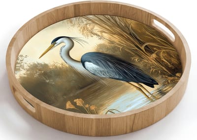 Dienblad rond 40x40 cm - Schootdienblad hout - Reiger - Water - Planten - Borrelplank rechthoek - Plateau houten dienbladen