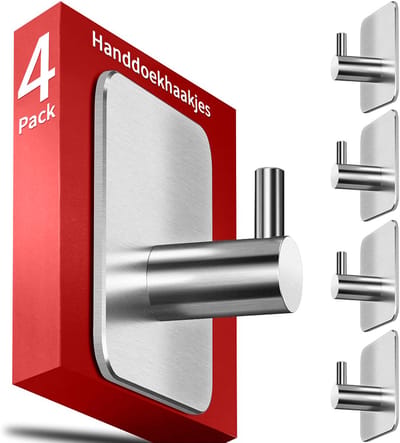 TTLUOKER®4-Pack Zelfklevende Handdoekhaakjes [Zwaar Belastbaar] - RVS Badkamerhaakjes Zonder Boren - Sterke Plakhaakjes voor Handdoeken, Pannen & Keukengerei - Incl. Alcohol Doekjes