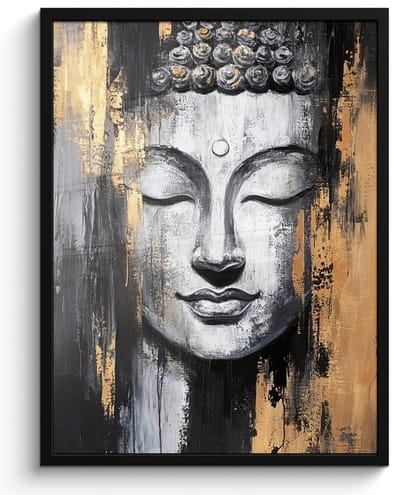 Poster in lijst - Fotolijst 50x70 cm - Posters - Boedhha - Penseelstreken - Goud - Abstract - Posterlijst zwart - Decoratie - Wanddecoratie woonkamer - Muurdecoratie slaapkamer