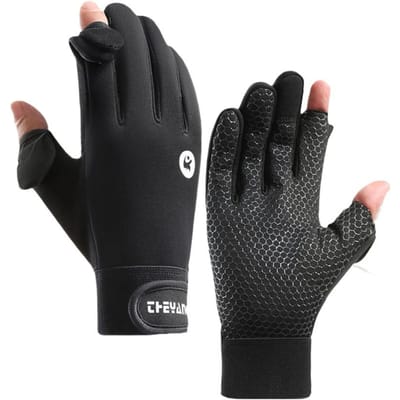 Gants de pêche d'hiver à deux doigts, gants sans doigts à rabat, gants de pêche, vélo, antidérapants, résistants à l'eau, chauds, hiver XL noir