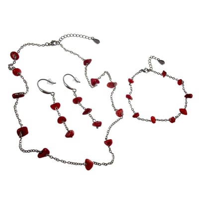 Sieradenset voor Dames met Rode Natuursteen, Ketting + armband + oorbellen, RVS - Handgemaakt door esde2