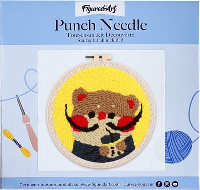 Figured'Art Punch Needle Kit voor Volwassenen en Kinderen - Kitty Dali met Bubble Tea - Perfect voor Beginners. Compleet klaar-om-te-borduren set, maat 20x20 cm met ronde frame