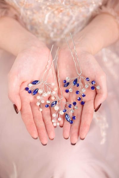Set van 3 Blauwe Kristal Haarspelden met Strass en Roze Kralen - Bruiloft & Feest Haaraccessoire voor Dames
