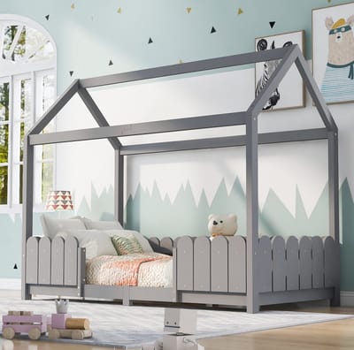 FloraGrace Huisbed 90x200 cm - Kinderbed Met Uitvalbeveiliging En Lattenbodem - Zonder Matras - Hout En MDF - Grijs
