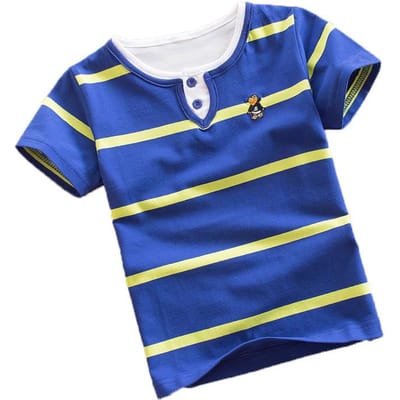 Zomer Kinderkleding Puur Katoen T-shirt Dubbele Hals Ronde Hals Korte Mouw Gestreept 120cm