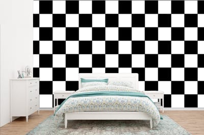 Behang - Fotobehang Schaakbord - Patronen - Zwart Wit - Breedte 385 cm x hoogte 240 cm