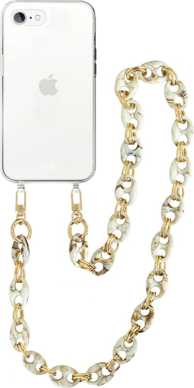 xoxo Wildhearts silicone case met koord - Transparant telefoonhoesje met koord - telefoonketting - Marble Creme - Lang koord - Cord Case - geschikt voor Apple iPhone 7/8 Plus hoesje - Ketting met marmere look - marmer - creme / beige