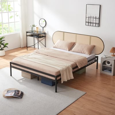 Metalen bed Linköping 160x200 cm zwart en rotan look [en.casa]