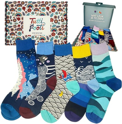 Tutti Footi - 5 Paar Water-en hemelsokken 'Mizumi' | Maat 38-43 | Vissen & Waterval Design, aquatisch, rivier, de lucht | Cadeauverpakking
