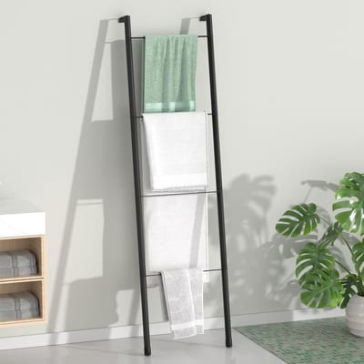 Dailygoods- Dekenladder Zwart - Vrijstaand Handdoekenrek - Decoratieve Ladder - 4 Niveaus - Stalen Constructie - Praktische Opbergplank - Handdoekrek