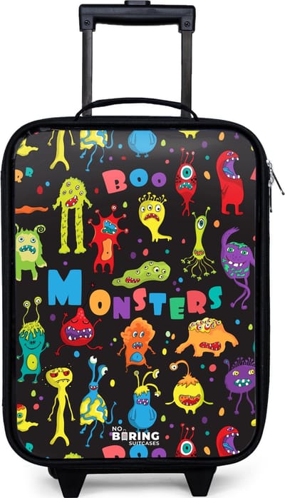 NoBoringSuitcases.com® - Kinderkoffer jongen - Kindertrolley meisje - Patroon van monsters - Koffer kind lichtgewicht - Reiskoffer trolley voor kinderen - Koffertje met lichtgevende wieltjes - Rolkoffer zwart
