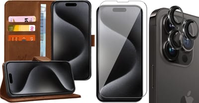 Hoesje geschikt voor iPhone 15 Pro - Screenprotector GlassGuard & Camera Lens Screen Protector Zwart - Book Case Kunstleer Pasjeshouder Bruin